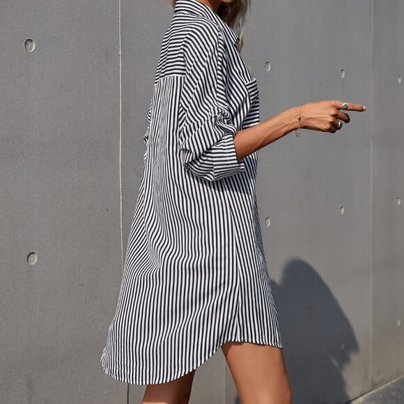 Black and White Casual Women's Striped Roll Up Sleeve Shirt Dress - Picture 2 of 6